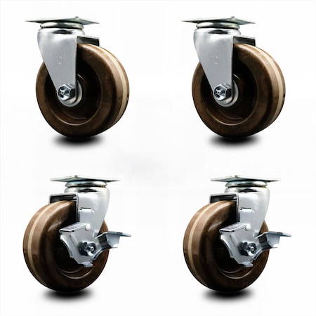 Service Caster 5 Inch High Temp Phenolic Swivel Caster Set with Roller Bearings 2 Brakes SCC SCC-20S520-PHRHT-2-TLB-2